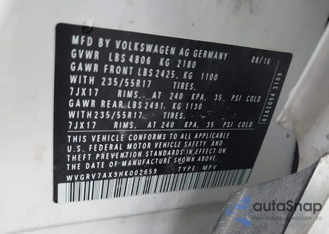 2017 Volkswagen Tiguan 2.0T Wolfsburg Edition из США, поврежденный, VIN WVGRV7AX9HK002659